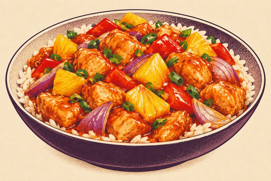 Siebdruckmotiv: Hähnchen mit Ananas und Paprika