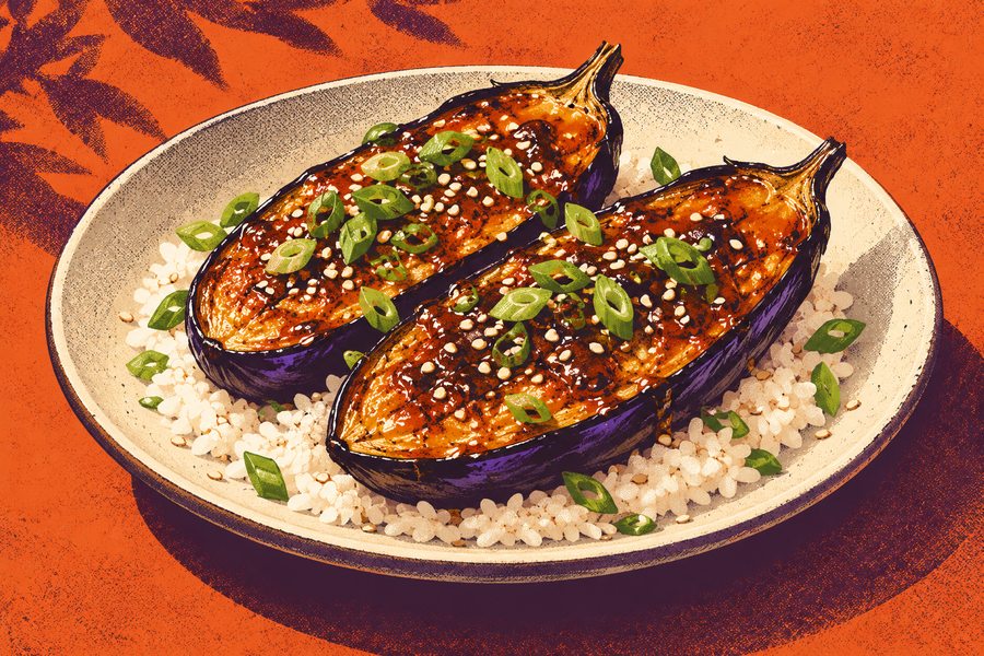 Siebdruckmotiv: Miso-Aubergine mit Reis