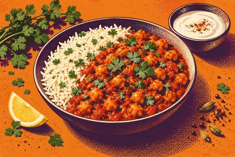 Siebdruckmotiv: Kichererbsen-Tikka mit Joghurt