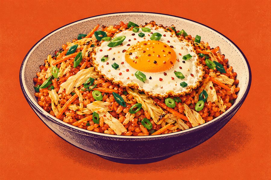 Siebdruckmotiv: Scharfer Kohl-Reis mit Spiegelei