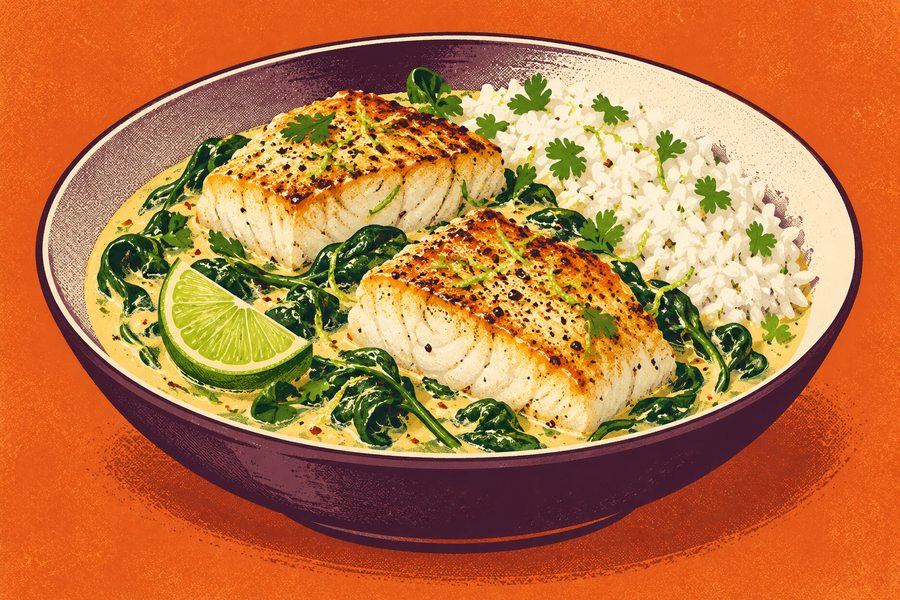 Siebdruckmotiv: Kokos-Limetten-Fisch mit Reis
