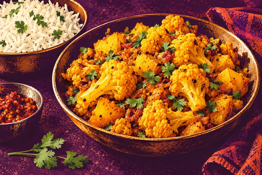 Siebdruckmotiv: Aloo Gobi mit Blumenkohl und Kartoffeln