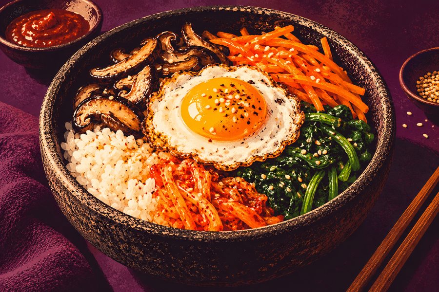 Siebdruckmotiv: Bibimbap mit Pilzen, Spinat und Ei