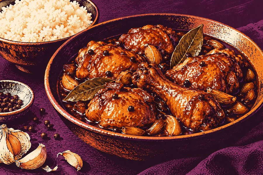 Siebdruckmotiv: Hähnchen-Adobo mit Reis