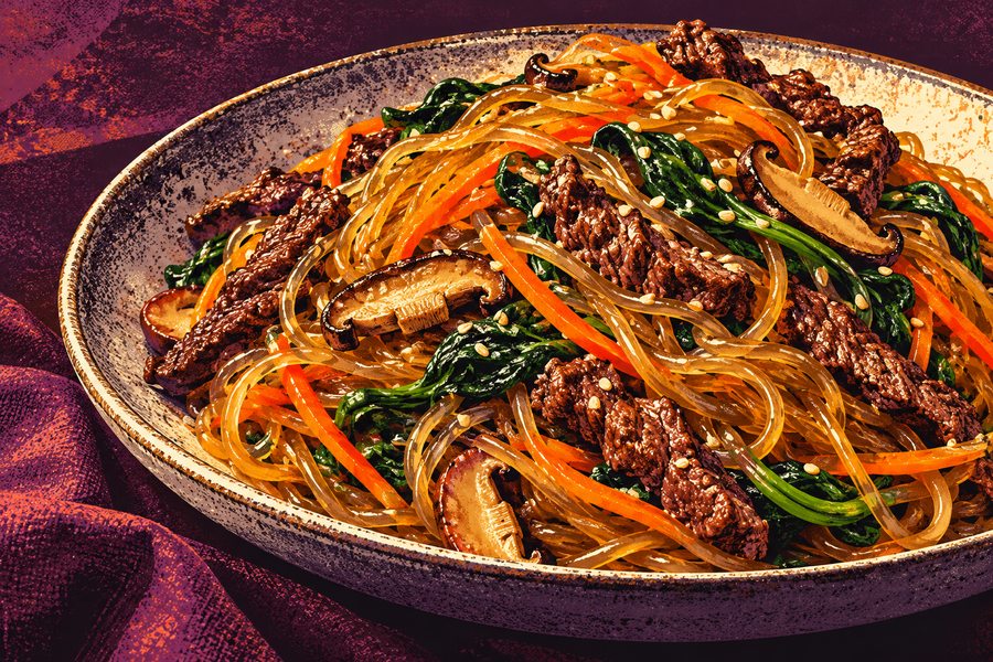 Siebdruckmotiv: Japchae mit Gemüse und Rind