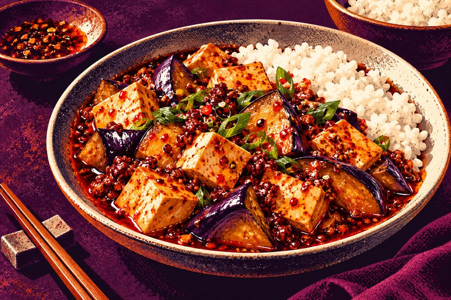 Siebdruckmotiv: Scharfer Tofu mit Aubergine nach Mapo-Art