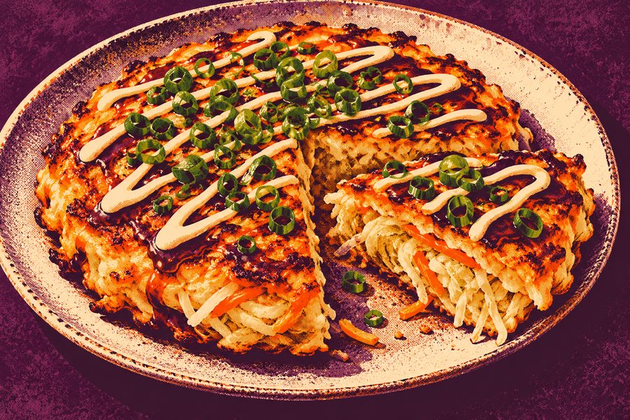 Siebdruckmotiv: Okonomiyaki mit Weißkohl und Karotte