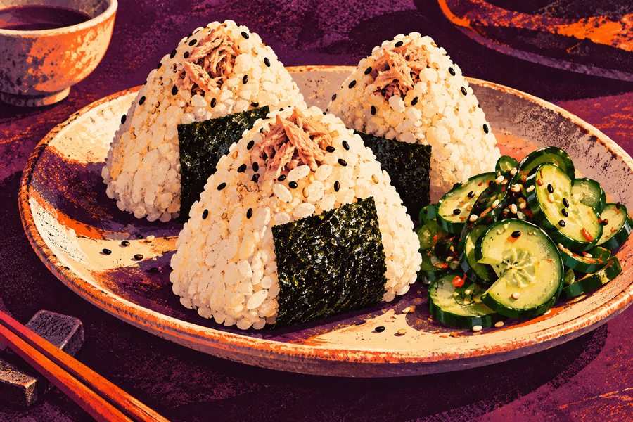 Siebdruckmotiv: Onigiri-Trio mit Gurkensalat