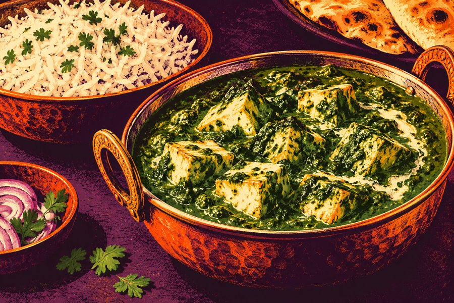 Siebdruckmotiv: Palak Paneer mit Reis
