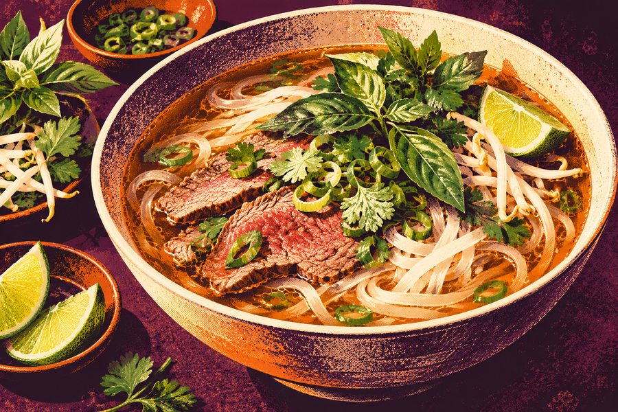 Siebdruckmotiv: Rindfleisch-Nudelsuppe nach Pho-Art