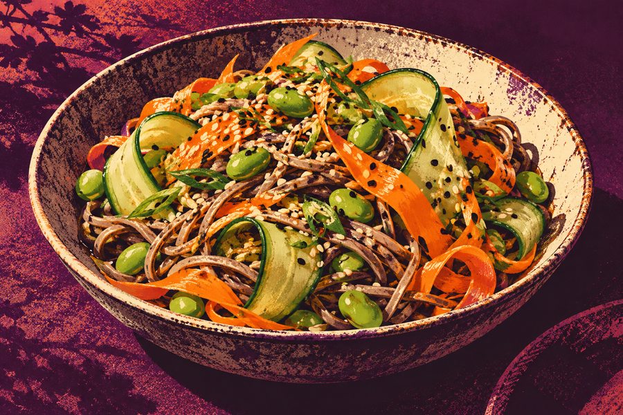 Siebdruckmotiv: Kalter Soba-Salat mit Gurke und Sesam