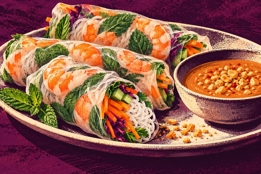Siebdruckmotiv: Sommerrollen mit Garnelen und Minze