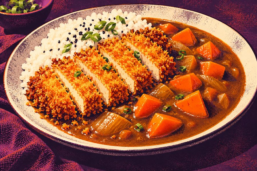 Siebdruckmotiv: Knuspriges Tofu-Katsu mit Curry