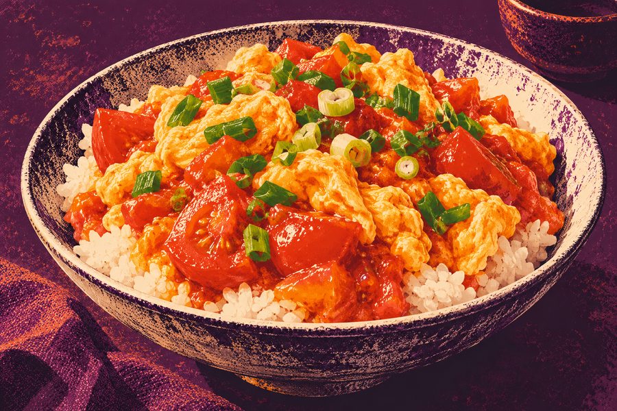 Siebdruckmotiv: Tomaten-Eier-Pfanne mit Reis