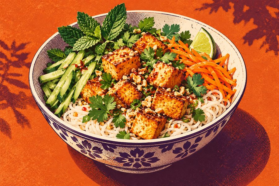 Siebdruckmotiv: Reisnudel-Bowl mit Tofu und Kräutern