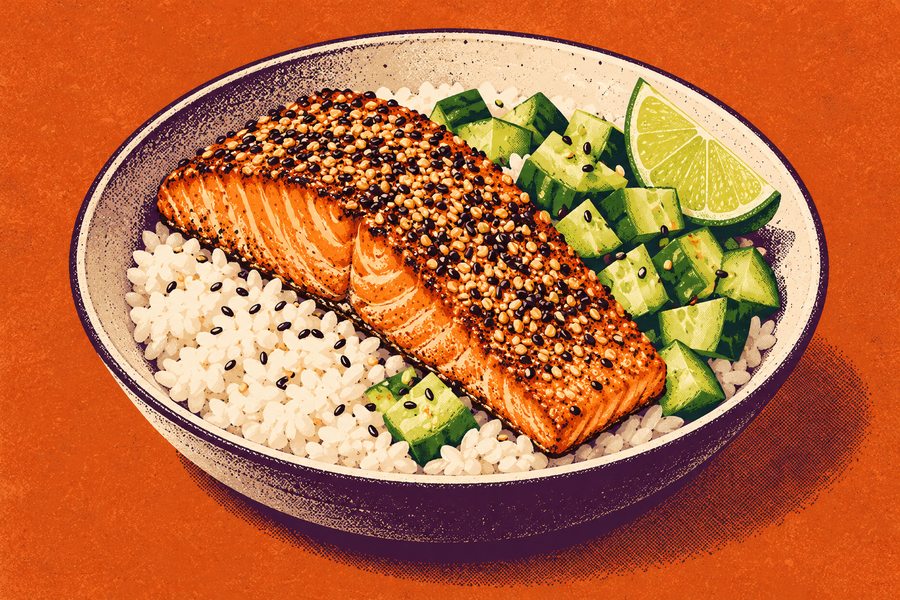 Siebdruckmotiv: Sesam-Lachs mit Gurkenreis