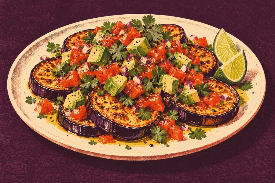 Siebdruckmotiv: Aubergine mit Avocado-Salsa