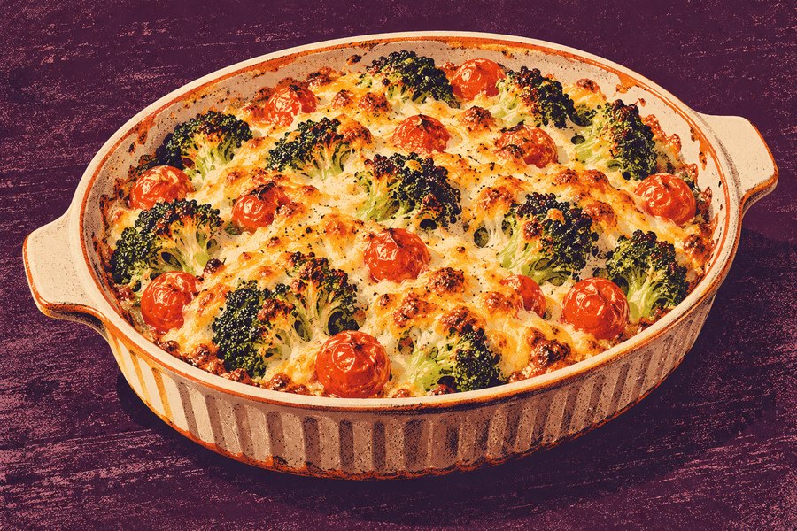 Siebdruckmotiv: Brokkoligratin mit dreierlei Käse