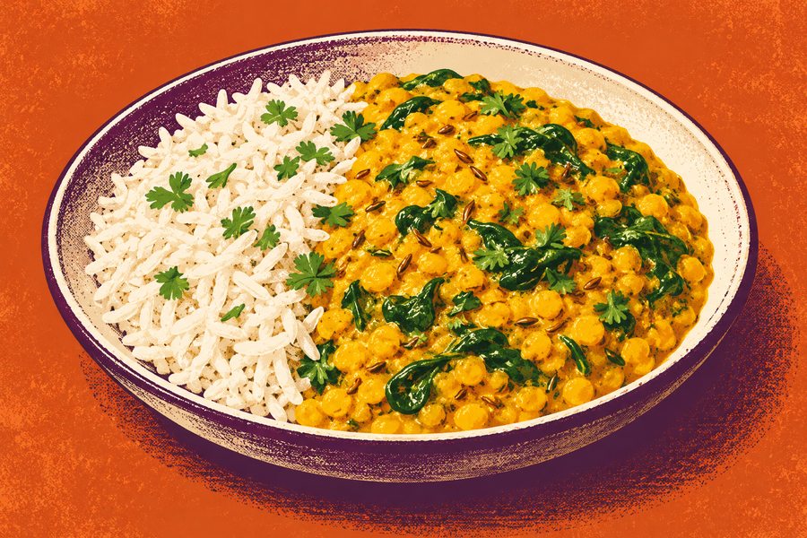 Siebdruckmotiv: Gelbes Linsen-Dhal mit Spinat
