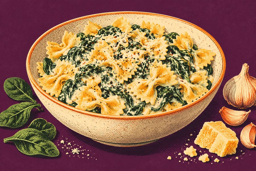 Siebdruckmotiv: Farfalle mit Spinat