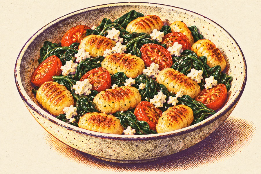 Siebdruckmotiv: Gnocchi mit Spinat & Feta