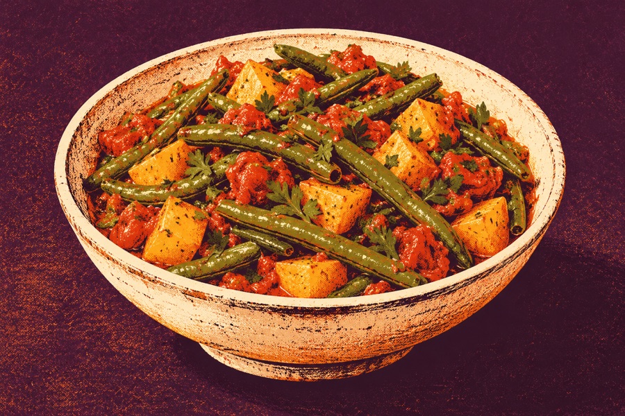 Siebdruckmotiv: Grüne Bohnen mit Kartoffeln und Tomaten