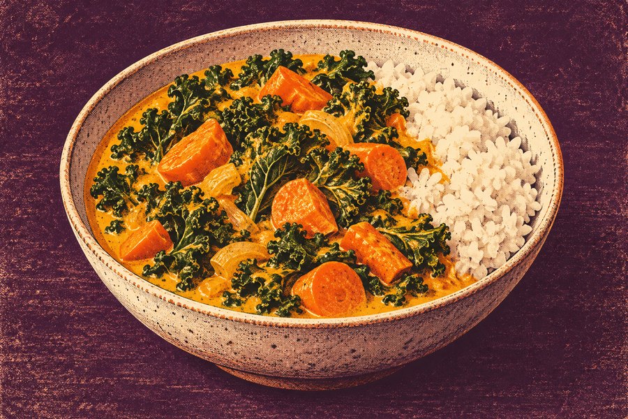 Siebdruckmotiv: Grünkohlcurry mit Kokosmilch