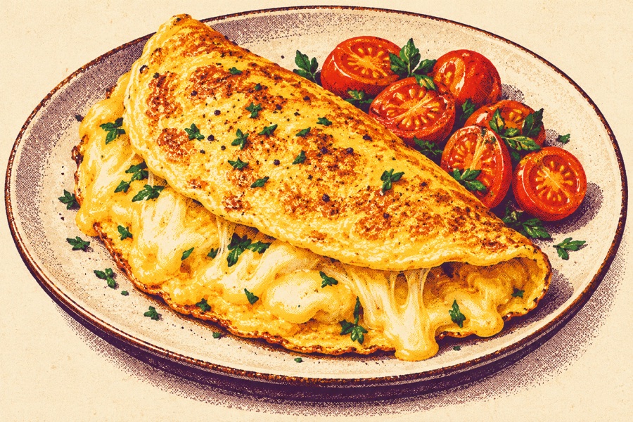 Siebdruckmotiv: Käse-Omelett mit Tomaten