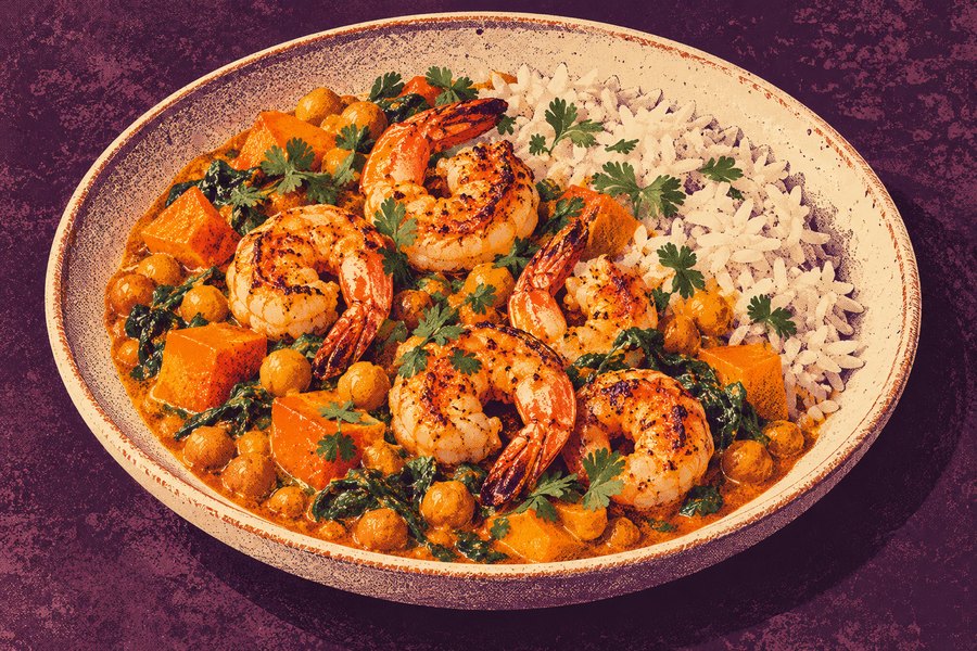 Siebdruckmotiv: Kürbis-Kichererbsen-Curry mit Garnelen