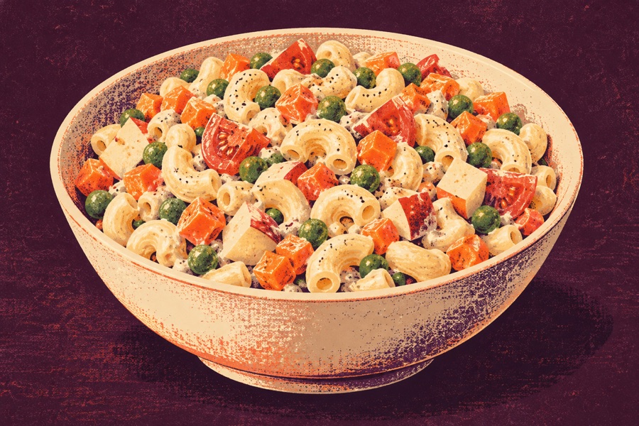 Siebdruckmotiv: Nudelsalat mit Erbsen und Apfel