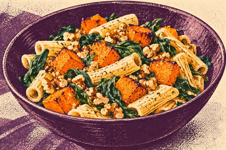 Siebdruckmotiv: Kürbis-Spinat-Pasta mit Walnüssen
