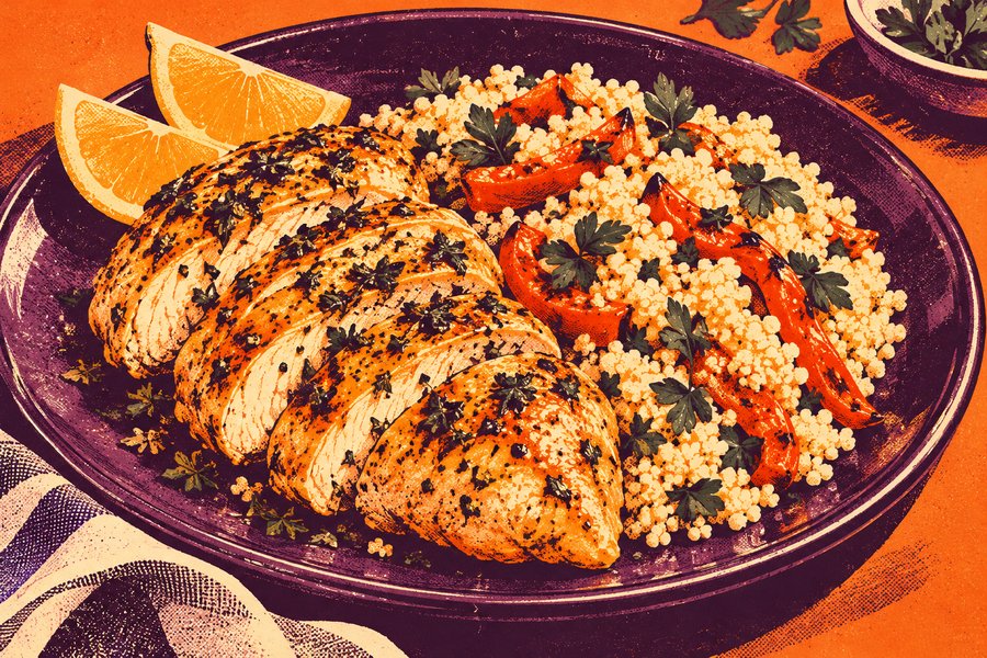 Siebdruckmotiv: Zitronenhähnchen mit Paprika-Couscous