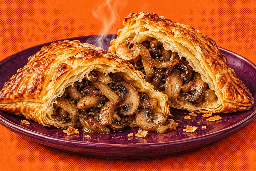 Siebdruckmotiv: Blätterteigtaschen mit Pilzen und Zwiebeln