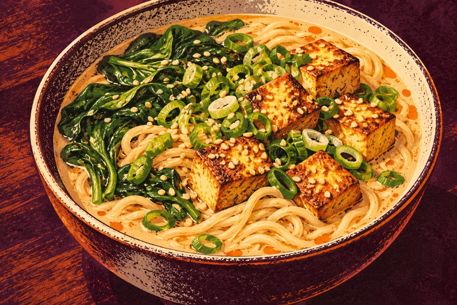 Siebdruckmotiv: Cremige Miso-Ramen mit Tofu