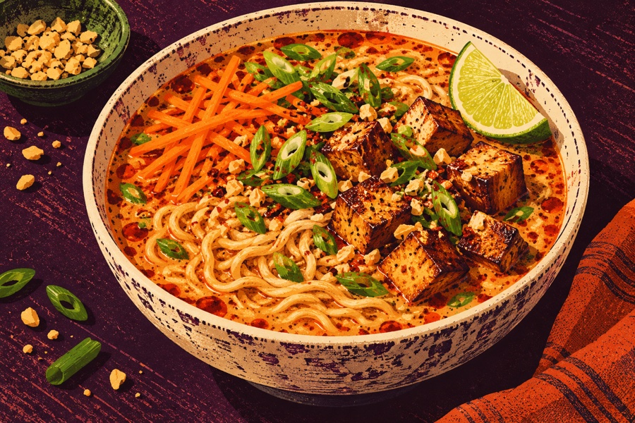 Siebdruckmotiv: Scharfe Erdnuss-Ramen mit Räuchertofu