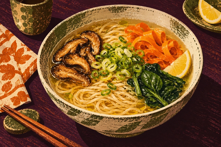 Siebdruckmotiv: Shio-Ramen mit Pilzen und Zitrone