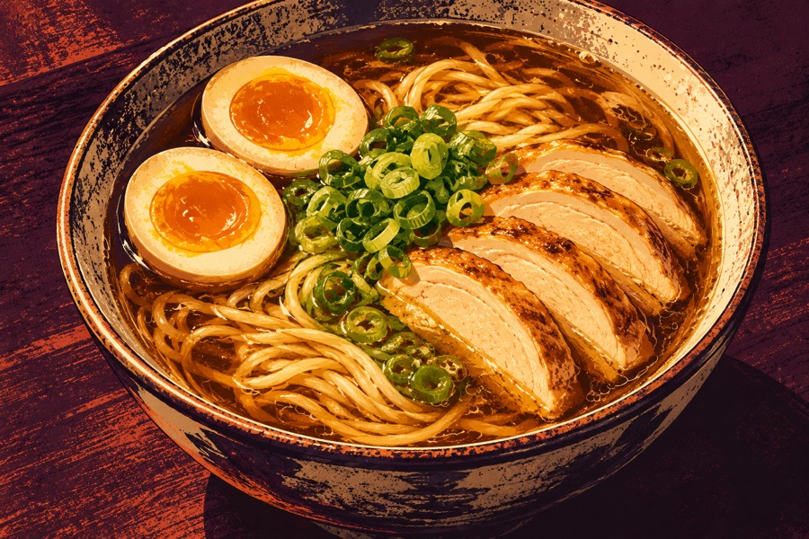 Siebdruckmotiv: Shoyu-Ramen mit Hähnchen und Ei