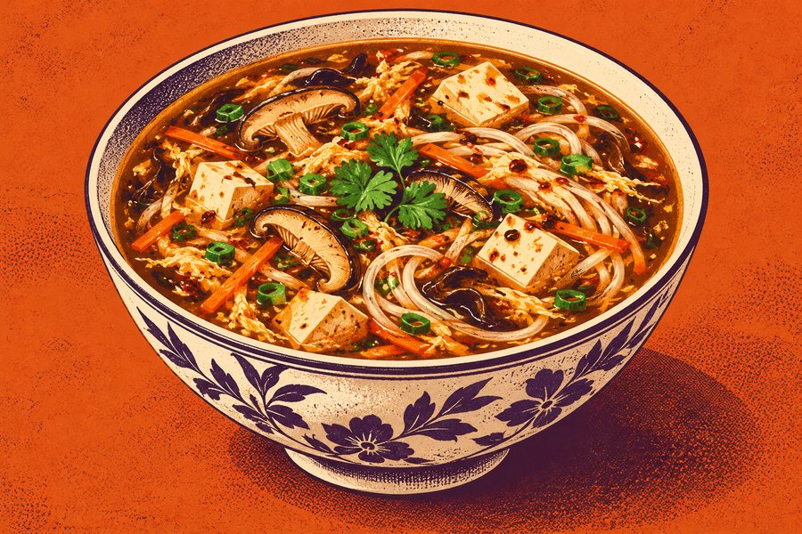 Siebdruckmotiv: Sauerscharfe Suppe mit Tofu