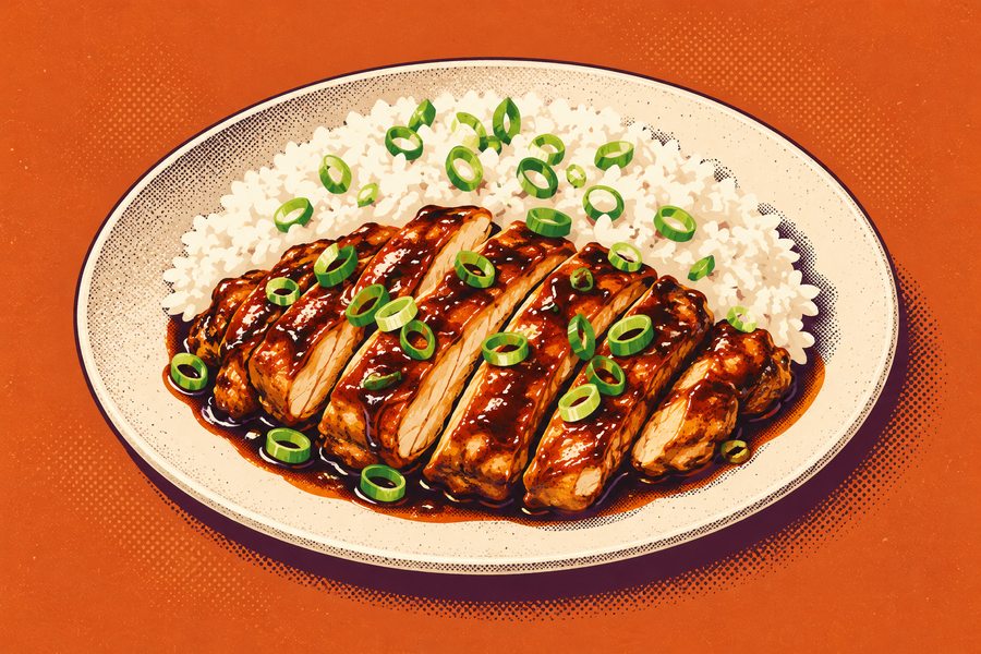 Siebdruckmotiv: Teriyaki-Hähnchen mit Reis