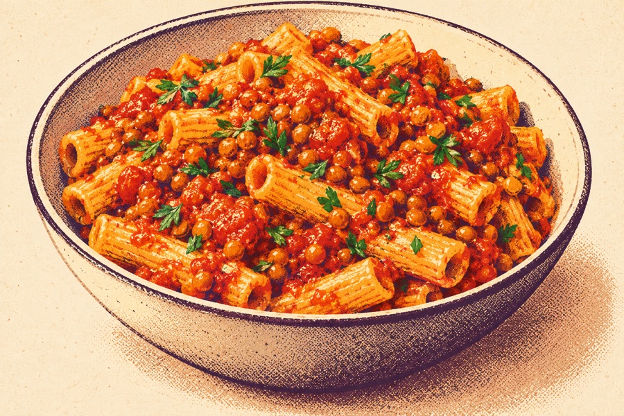 Siebdruckmotiv: Linsen-Tomaten-Pasta