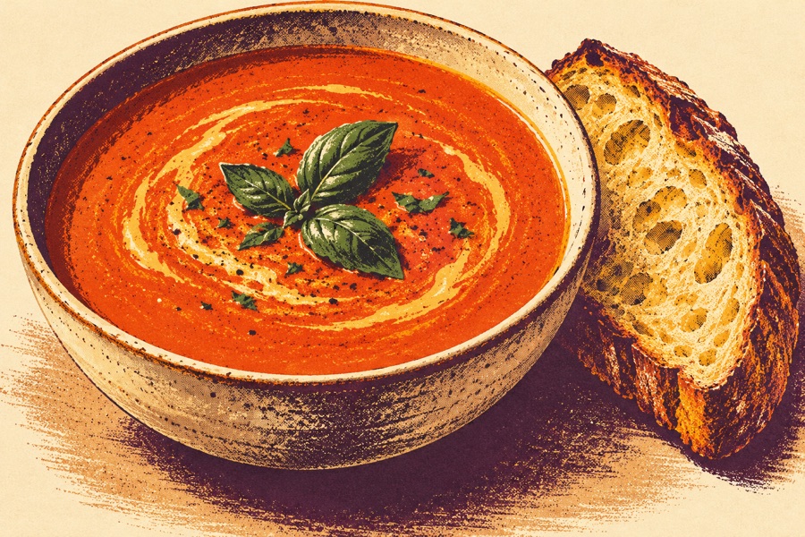 Siebdruckmotiv: Tomatensuppe mit Brot
