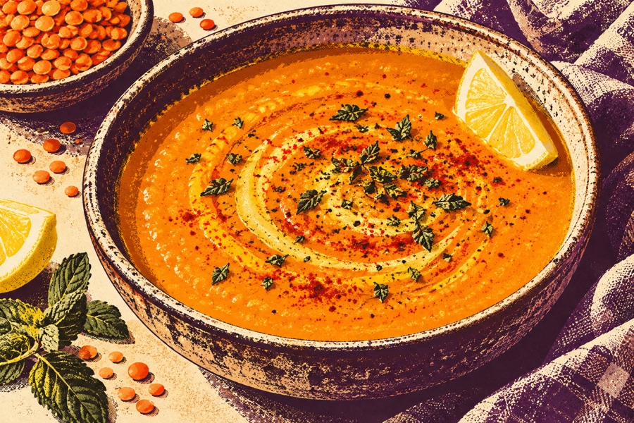 Siebdruckmotiv: Rote Linsensuppe mit Zitrone