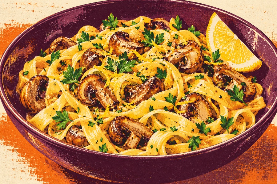 Siebdruckmotiv: Nudel-Pilzpfanne mit Zitrone