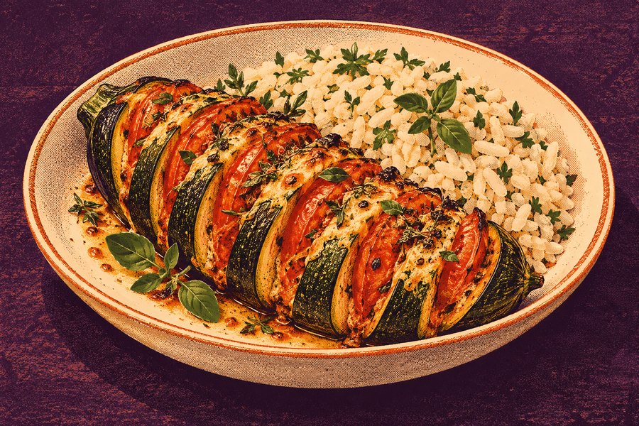 Siebdruckmotiv: Zucchinifächer mit Reis